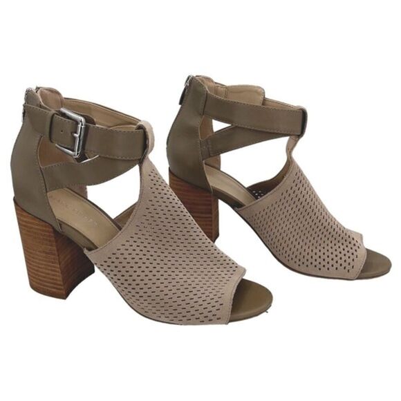 Marc Fisher Gabie Taupe Suede Leather Perforated Shootie Block Heel Sandals Sz 9 - Picture 1 of 12